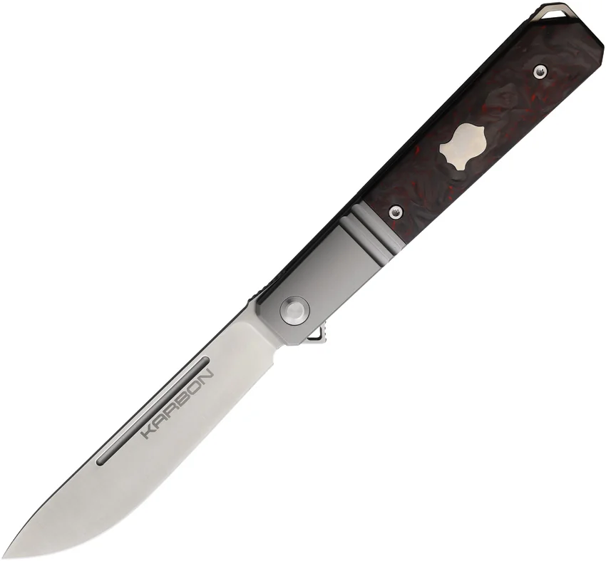 Karbon Knives Flatline Frame Lock Knife Red/Black Marbled CF (3" Satin 154CM)
