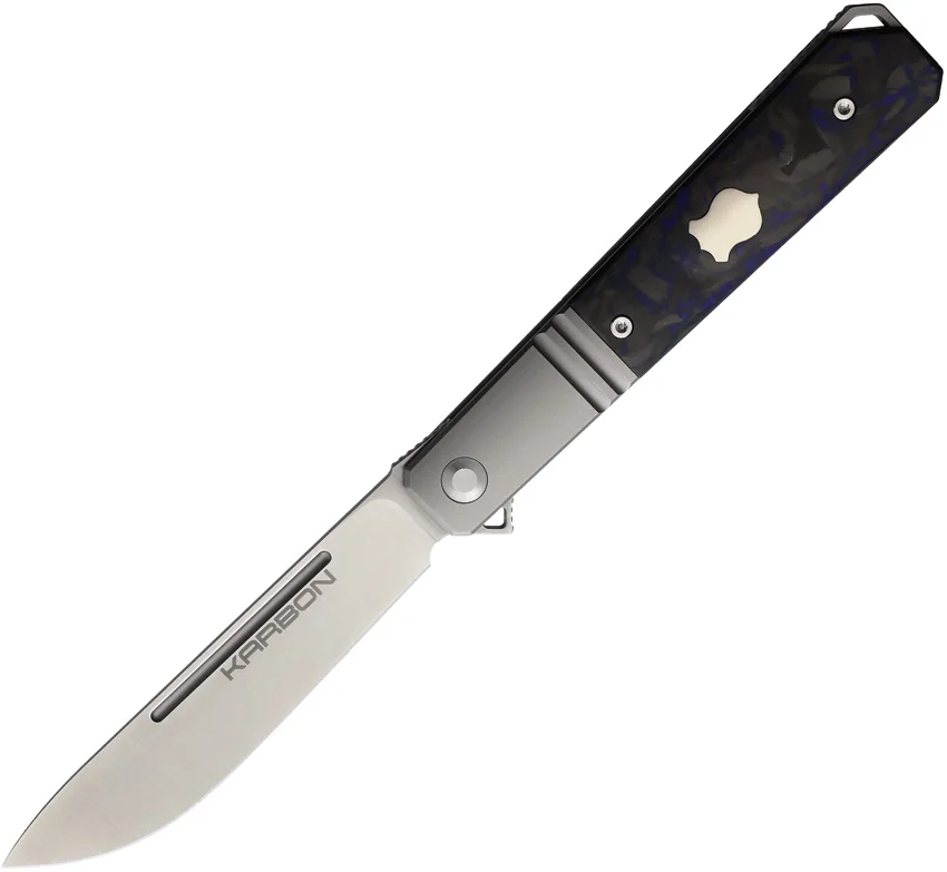 Karbon Knives Flatline Frame Lock Knife Blue/Black Marbled CF (3" Satin 154CM)
