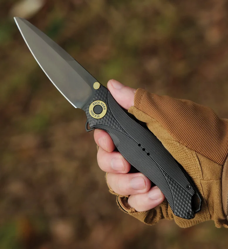Karbon Knives Buck Horn Liner Lock Knife Black Aluminum (3.75" Black)
