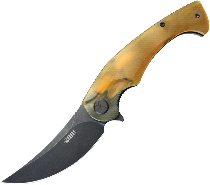 Kubey Knives Scimitar Liner Lock Knife Yellow Ultem (3.5" Black SW 14C28N)