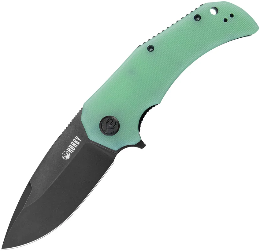 Kubey Bravo One Drop Point Liner Lock Knife Jade G-10 (3.39" Black Stonewash)