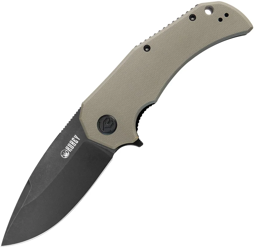 Kubey Bravo One Drop Point Liner Lock Knife Tan G-10 (3.39" Black Stonewash)