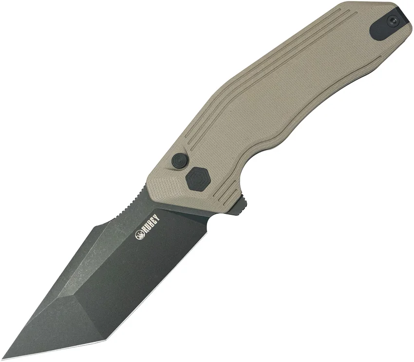 Kubey Yokai Button Lock Knife Tan G-10 (3.25" Black Stonewash)