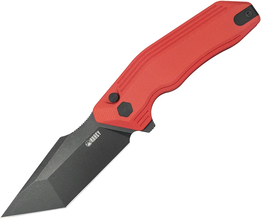 Kubey Yokai Button Lock Knife Red G-10 (3.25" Black Stonewash)