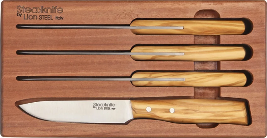 LionSteel 4-Piece Steak Knife Set Olive Wood (4.125" Satin) 9001S UL