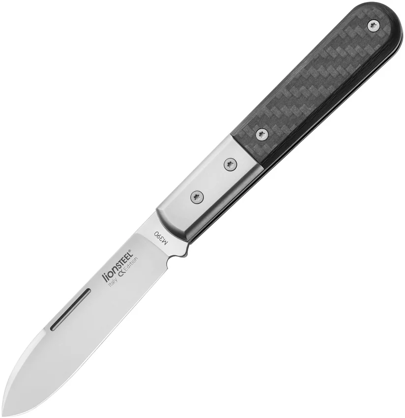 LionSteel Roundhead Spear Point Slip Joint Knife Black Carbon Fiber (3" Satin)