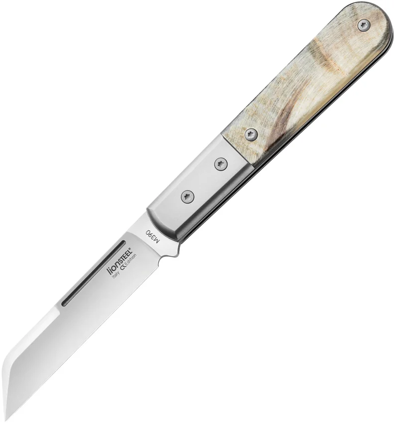LionSteel DOM Wharncliffe Slip Joint Knife Black/Brown Ram Horn (3" Satin M390)