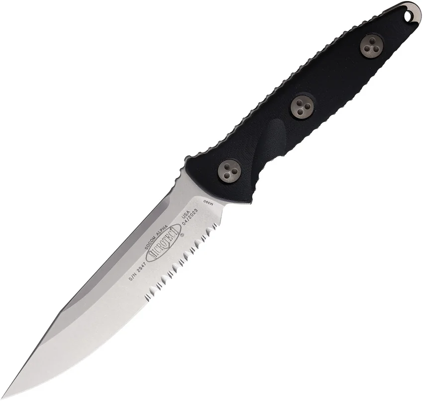 Microtech Socom Alpha Fixed Blade Knife Black G-10 (5" Stonewash Serr)