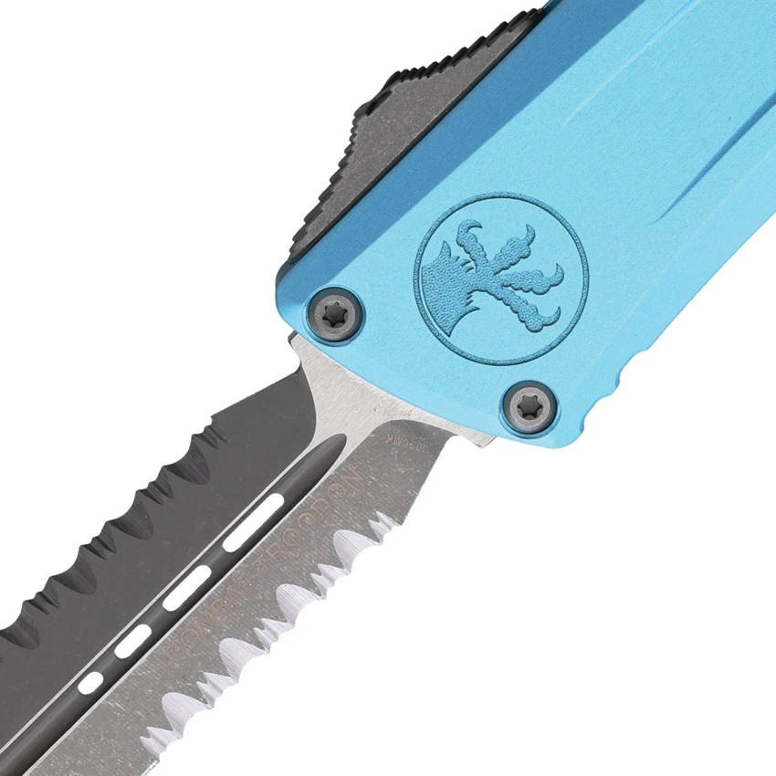 Microtech Combat Troodon D/E Gen III OTF Knife Turquoise Aluminum (4" Apoc Serr), Microtech Combat Troodon D/E Gen III OTF Knife Turquoise Aluminum (4" Apoc Serr) for Sale, Microtech Combat Troodon D/E Gen III OTF Knife Turquoise Aluminum (4" Apoc Serr)