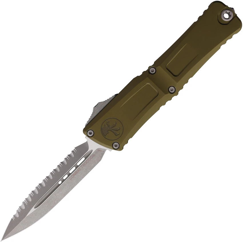 Microtech Combat Troodon Gen III D/E OTF Knife OD Green Al (4" AP Full Serr), Microtech Combat Troodon Gen III D/E OTF Knife OD Green Al (4" AP Full Serr) for Sale, Microtech Combat Troodon Gen III D/E OTF Knife OD Green Al (4" AP Full Serr)