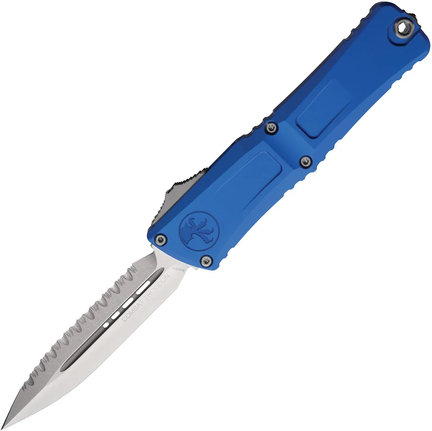 Microtech Combat Troodon Gen III D/E OTF Knife Blue Aluminum (3.8" SW Full Serr)