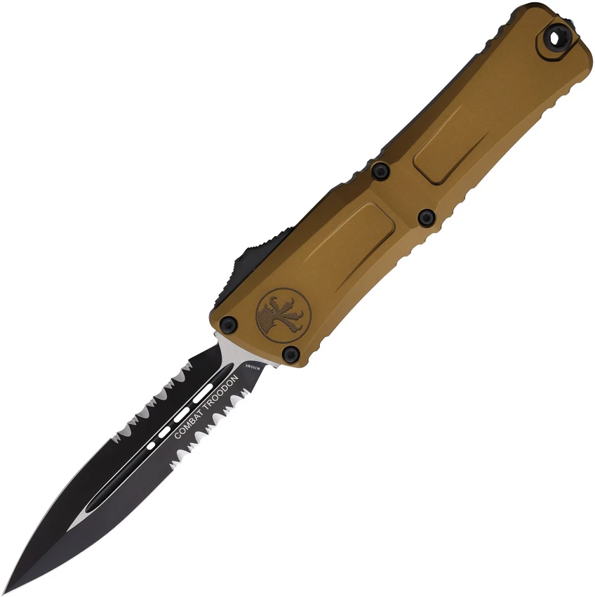 Microtech Combat Troodon Gen III D/E OTF Knife Tan Aluminum (4" Black Serr), Microtech Combat Troodon Gen III D/E OTF Knife Tan Aluminum (4" Black Serr) for Sale, Microtech Combat Troodon Gen III D/E OTF Knife Tan Aluminum (4" Black Serr)