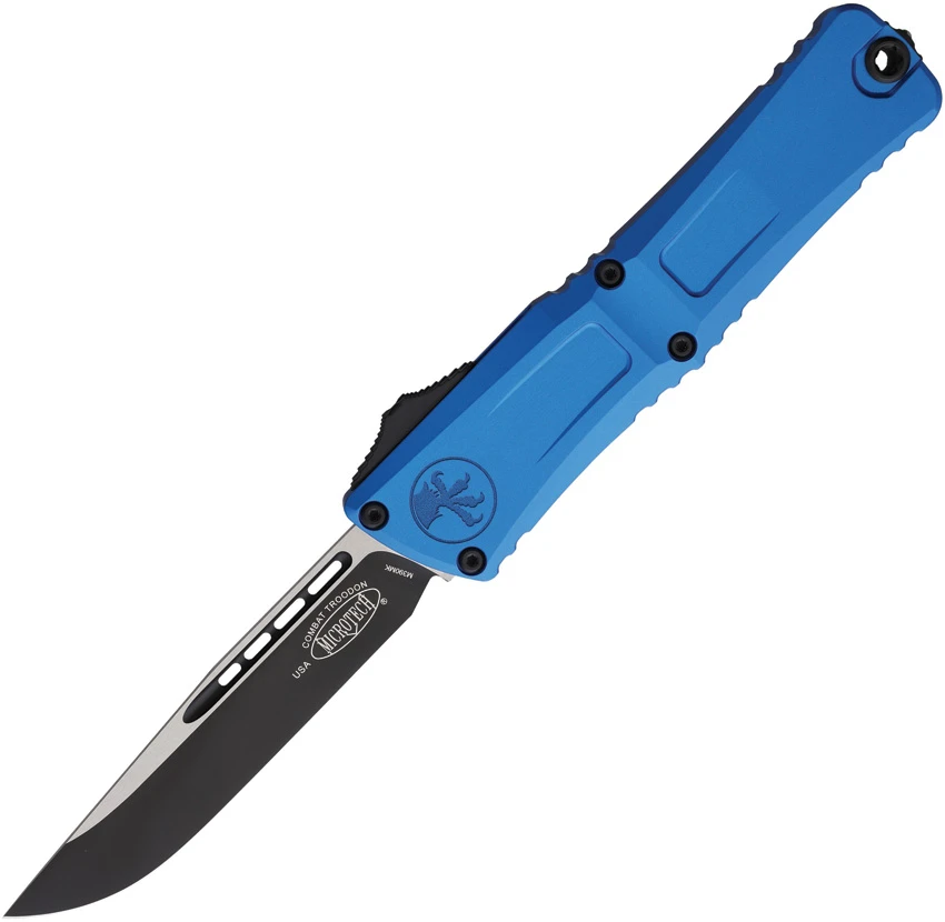 Microtech Blue Combat Troodon Gen III Drop Point OTF Knife (3.8" Black)1143-1 BL, Microtech Blue Combat Troodon Gen III Drop Point OTF Knife (3.8" Black)1143-1 BL for Sale, Microtech Blue Combat Troodon Gen III Drop Point OTF Knife (3.8" Black)1143-1 BL