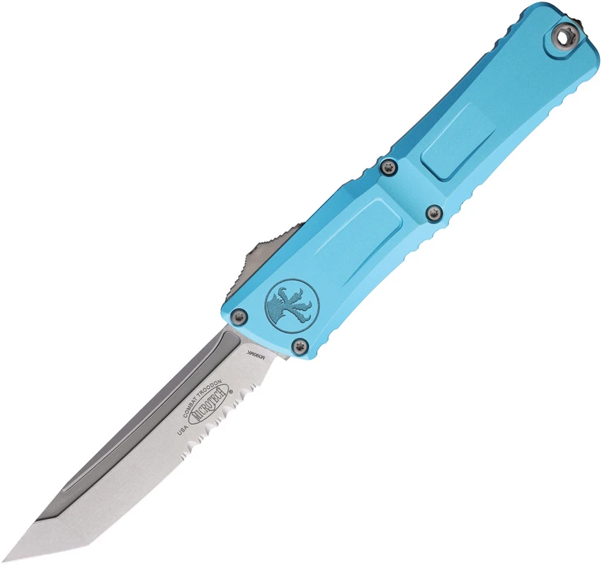 Microtech Combat Troodon Gen III T/E OTF Knife Turquoise Al (4" SW Serr), Microtech Combat Troodon Gen III T/E OTF Knife Turquoise Al (4" SW Serr) for Sale, Microtech Combat Troodon Gen III T/E OTF Knife Turquoise Al (4" SW Serr)