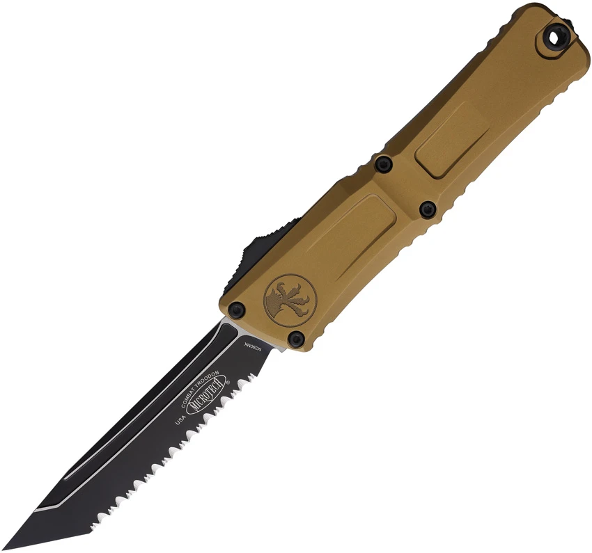 Microtech Combat Troodon Gen III T/E OTF Knife Tan Aluminum (4" Black Full Serr), Microtech Combat Troodon Gen III T/E OTF Knife Tan Aluminum (4" Black Full Serr) for Sale, Microtech Combat Troodon Gen III T/E OTF Knife Tan Aluminum (4" Black Full Serr)