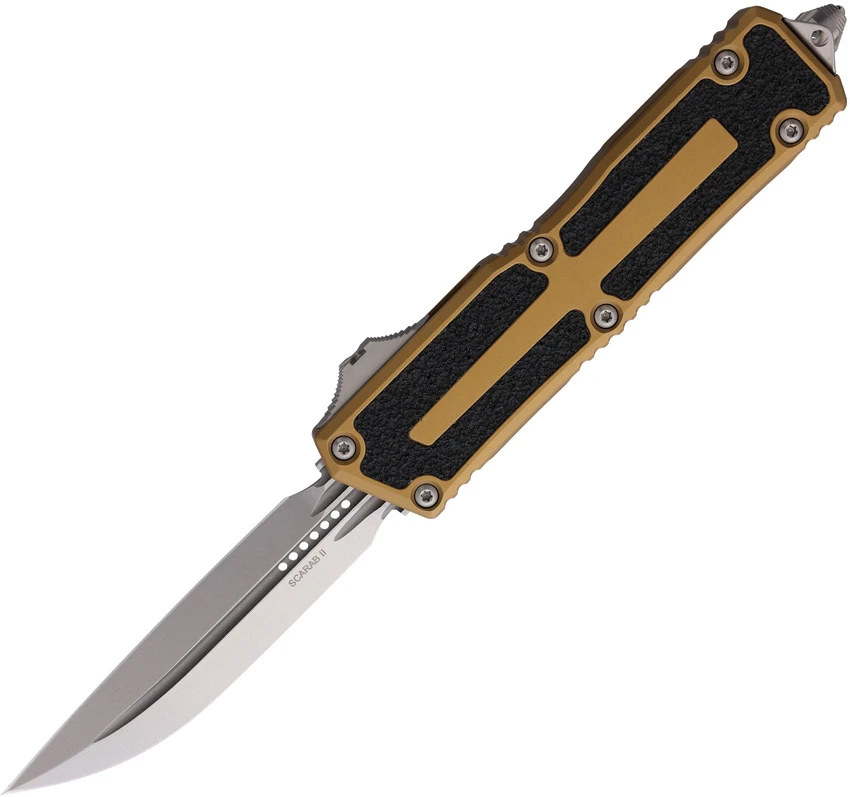Microtech Scarab II Gen III D/E OTF Automatic Knife Tan Aluminum (4" Stonewash), Microtech Scarab II Gen III D/E OTF Automatic Knife Tan Aluminum (4" Stonewash) for Sale, Microtech Scarab II Gen III D/E OTF Automatic Knife Tan Aluminum (4" Stonewash)