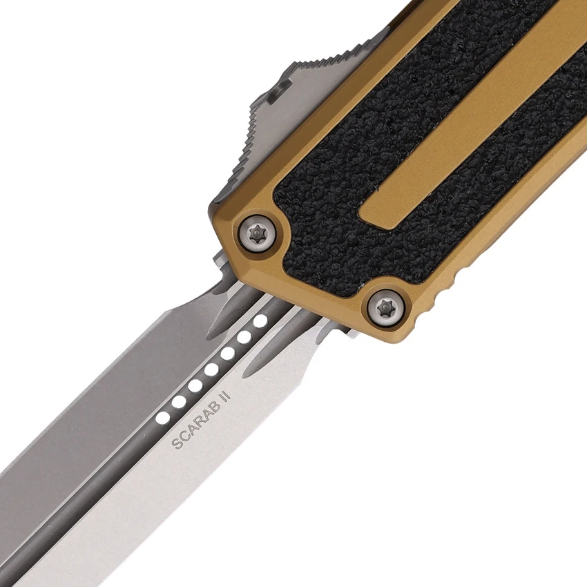 Microtech Scarab II Gen III D/E OTF Automatic Knife Tan Aluminum (4" Stonewash), Microtech Scarab II Gen III D/E OTF Automatic Knife Tan Aluminum (4" Stonewash) for Sale, Microtech Scarab II Gen III D/E OTF Automatic Knife Tan Aluminum (4" Stonewash)