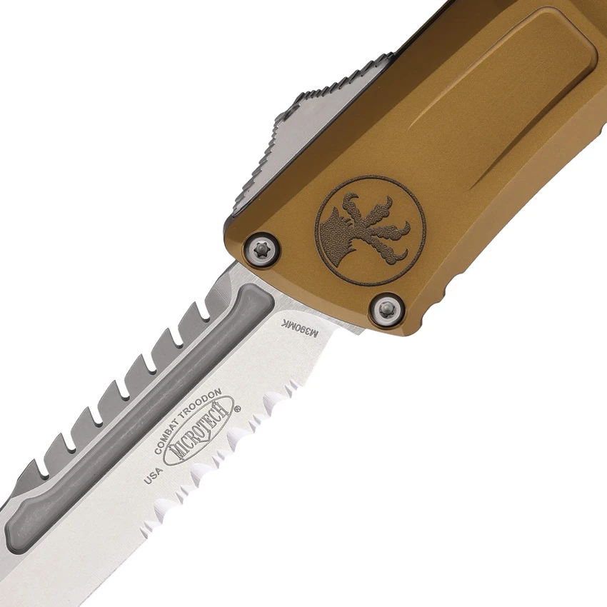Microtech Combat Troodon Interceptor Gen III OTF Knife Tan Al (4" SW Serr), Microtech Combat Troodon Interceptor Gen III OTF Knife Tan Al (4" SW Serr) for Sale, Microtech Combat Troodon Interceptor Gen III OTF Knife Tan Al (4" SW Serr)