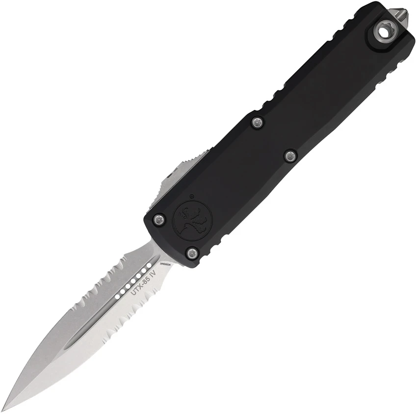 Microtech UTX-85 D/E  Gen IV OTF Automatic Knife Black (3.1" Stonewash Serr), Microtech UTX-85 D/E  Gen IV OTF Automatic Knife Black (3.1" Stonewash Serr) for Sale, Microtech UTX-85 D/E  Gen IV OTF Automatic Knife Black (3.1" Stonewash Serr)