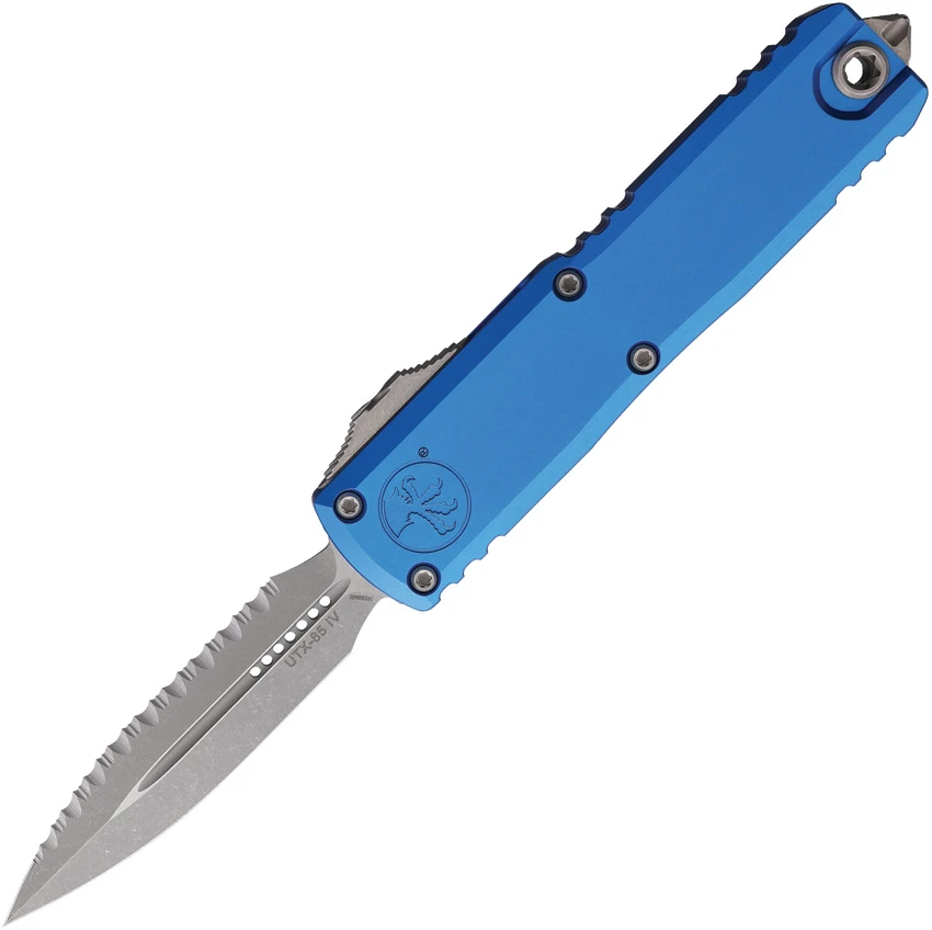 Microtech UTX-85 D/E  Gen III OTF Automatic Knife Blue (3.1" Apoc Full Serrated), Microtech UTX-85 D/E  Gen III OTF Automatic Knife Blue (3.1" Apoc Full Serrated) for Sale, Microtech UTX-85 D/E  Gen III OTF Automatic Knife Blue (3.1" Apoc Full Serrated)