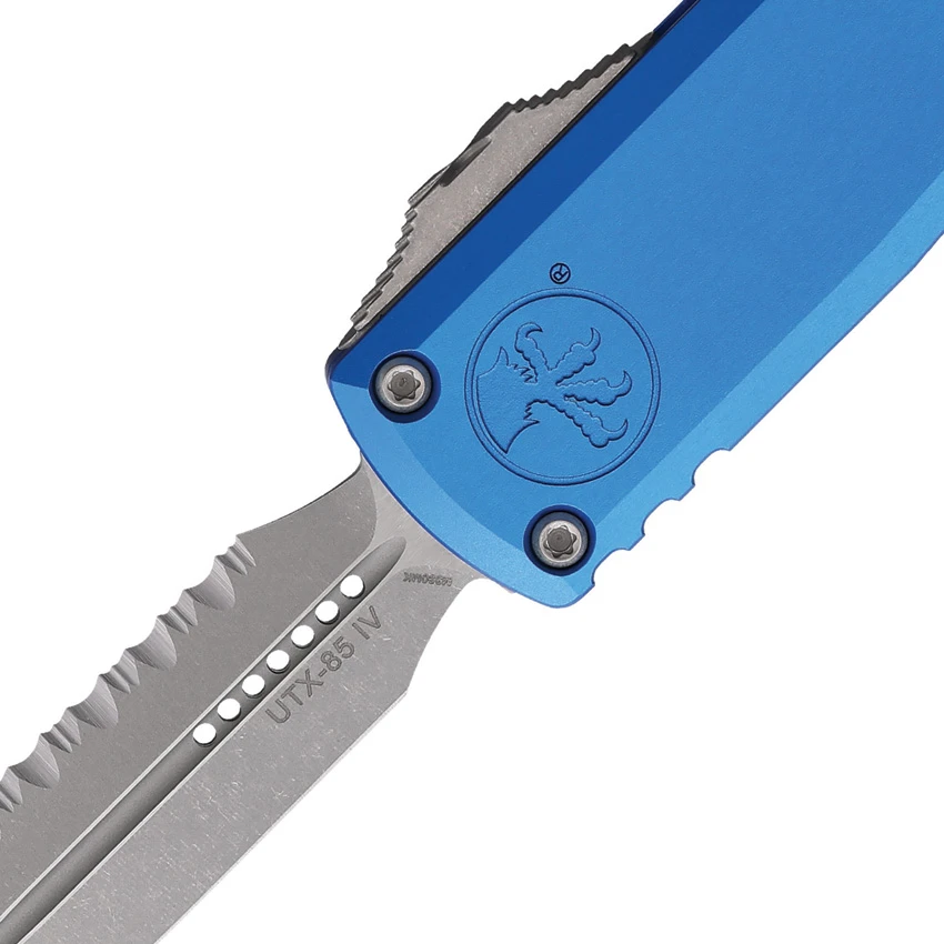 Microtech UTX-85 D/E  Gen III OTF Automatic Knife Blue (3.1" Apoc Full Serrated), Microtech UTX-85 D/E  Gen III OTF Automatic Knife Blue (3.1" Apoc Full Serrated) for Sale, Microtech UTX-85 D/E  Gen III OTF Automatic Knife Blue (3.1" Apoc Full Serrated)