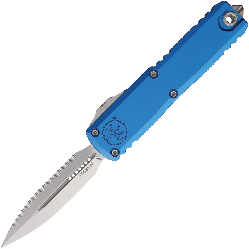 Microtech UTX-85 D/E  Gen III OTF Automatic Knife Blue (3.1" Full Serrated SW), Microtech UTX-85 D/E  Gen III OTF Automatic Knife Blue (3.1" Full Serrated SW) for Sale, Microtech UTX-85 D/E  Gen III OTF Automatic Knife Blue (3.1" Full Serrated SW)