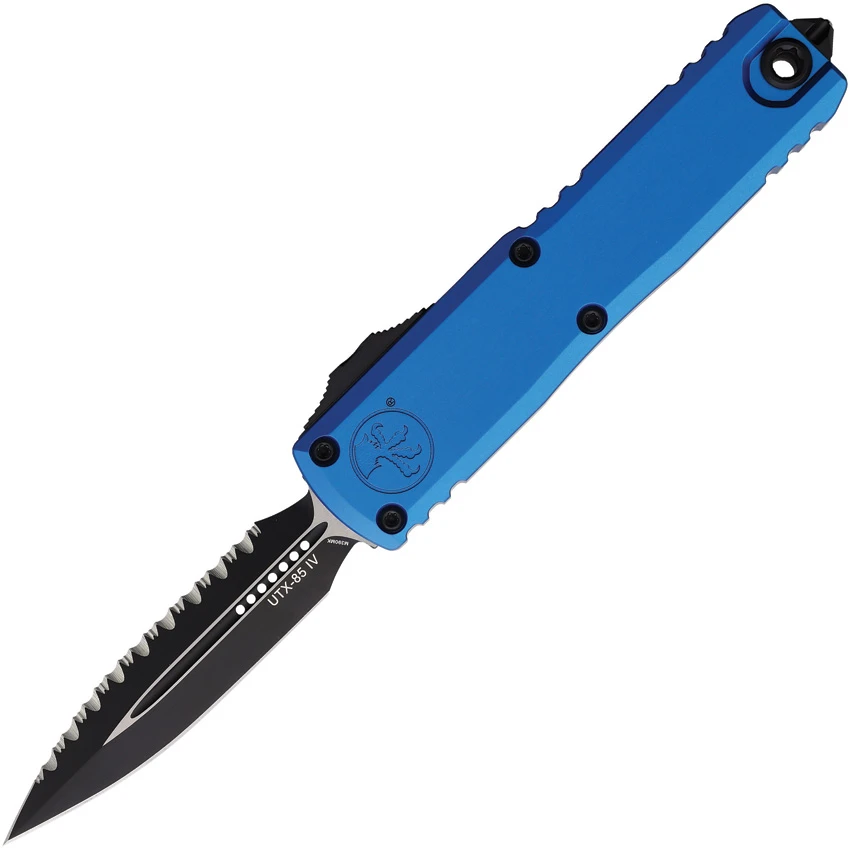 Microtech UTX-85 D/E  Gen IV OTF Automatic Knife Blue (3.1" Black Full Serr), Microtech UTX-85 D/E  Gen IV OTF Automatic Knife Blue (3.1" Black Full Serr) for Sale, Microtech UTX-85 D/E  Gen IV OTF Automatic Knife Blue (3.1" Black Full Serr)