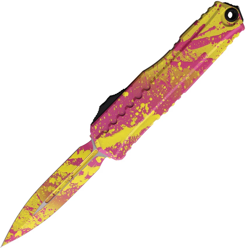 Microtech Cypher II D/E OTF Automatic Knife Corvette Yellow/Pink Splat (3.50"), Microtech Cypher II D/E OTF Automatic Knife Corvette Yellow/Pink Splat (3.50") for Sale, Microtech Cypher II D/E OTF Automatic Knife Corvette Yellow/Pink Splat (3.50")