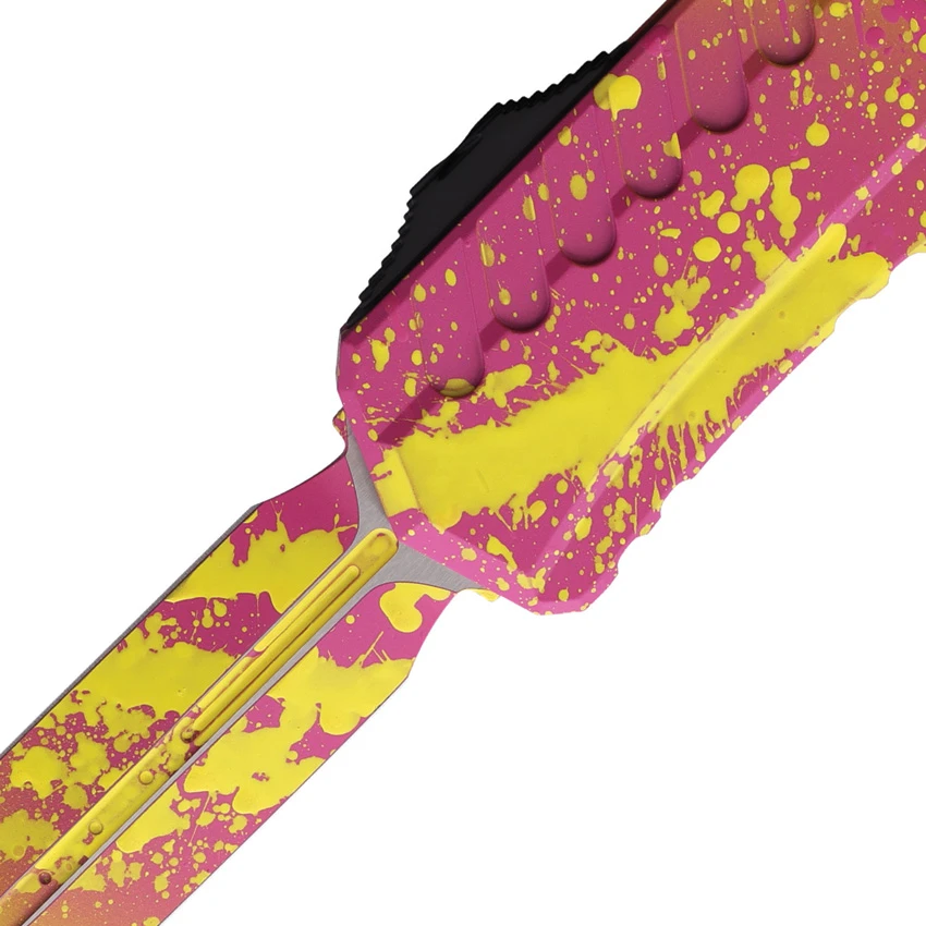 Microtech Cypher II D/E OTF Automatic Knife Corvette Yellow/Pink Splat (3.50"), Microtech Cypher II D/E OTF Automatic Knife Corvette Yellow/Pink Splat (3.50") for Sale, Microtech Cypher II D/E OTF Automatic Knife Corvette Yellow/Pink Splat (3.50")