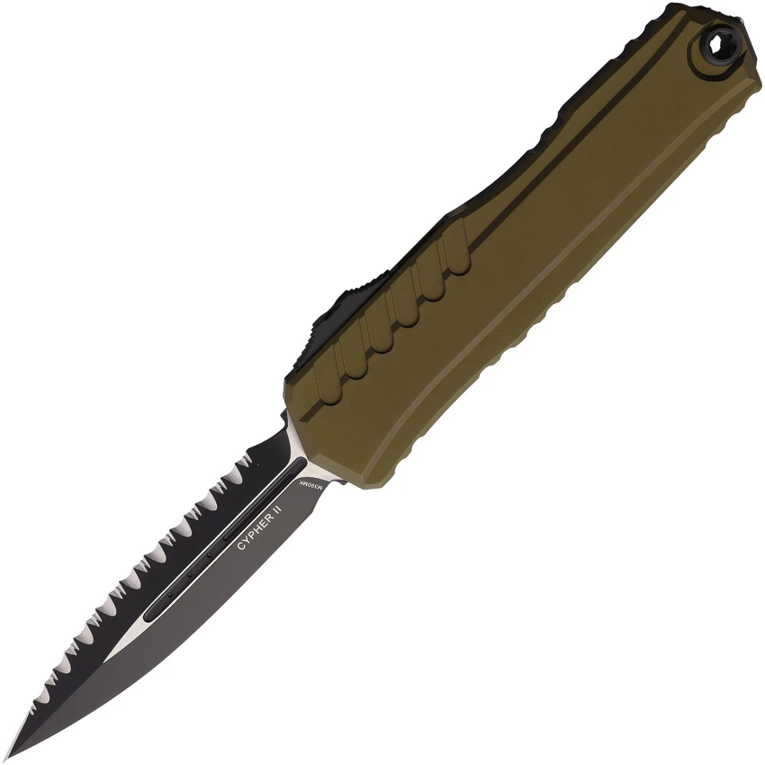Microtech Cypher II D/E OTF Auto Knife OD Green Al (3.5" Two-Tone Full Serr), Microtech Cypher II D/E OTF Auto Knife OD Green Al (3.5" Two-Tone Full Serr) for Sale, Microtech Cypher II D/E OTF Auto Knife OD Green Al (3.5" Two-Tone Full Serr)