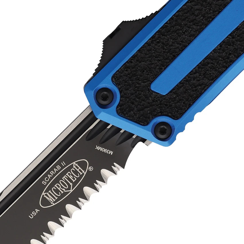 Microtech Scarab II Gen III S/E OTF Automatic Knife Blue (4" Black Serr), Microtech Scarab II Gen III S/E OTF Automatic Knife Blue (4" Black Serr) for Sale, Microtech Scarab II Gen III S/E OTF Automatic Knife Blue (4" Black Serr)