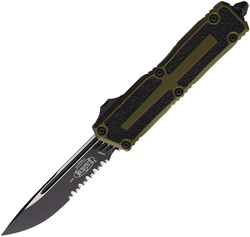 Microtech Scarab II Gen III S/E OTF Knife OD Green Aluminum (4" Black Serr), Microtech Scarab II Gen III S/E OTF Knife OD Green Aluminum (4" Black Serr) for Sale, Microtech Scarab II Gen III S/E OTF Knife OD Green Aluminum (4" Black Serr)
