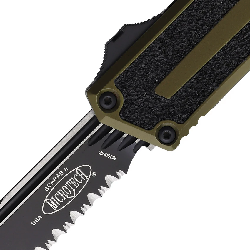 Microtech Scarab II Gen III S/E OTF Knife OD Green Aluminum (4" Black Serr), Microtech Scarab II Gen III S/E OTF Knife OD Green Aluminum (4" Black Serr) for Sale, Microtech Scarab II Gen III S/E OTF Knife OD Green Aluminum (4" Black Serr)