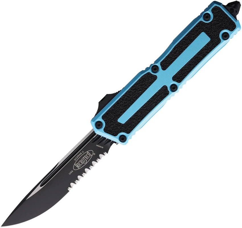 Microtech Scarab II Gen III S/E OTF Knife Turquoise Al (4" Black Serr) 1278-2TQ, Microtech Scarab II Gen III S/E OTF Knife Turquoise Al (4" Black Serr) 1278-2TQ for Sale, Microtech Scarab II Gen III S/E OTF Knife Turquoise Al (4" Black Serr) 1278-2TQ