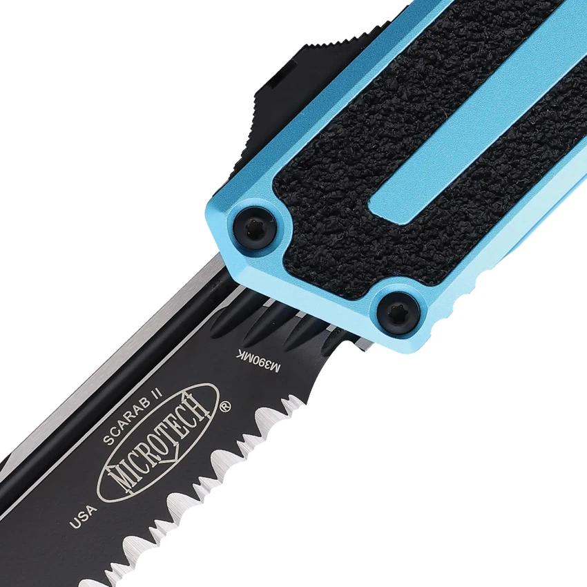 Microtech Scarab II Gen III S/E OTF Knife Turquoise Al (4" Black Serr) 1278-2TQ, Microtech Scarab II Gen III S/E OTF Knife Turquoise Al (4" Black Serr) 1278-2TQ for Sale, Microtech Scarab II Gen III S/E OTF Knife Turquoise Al (4" Black Serr) 1278-2TQ