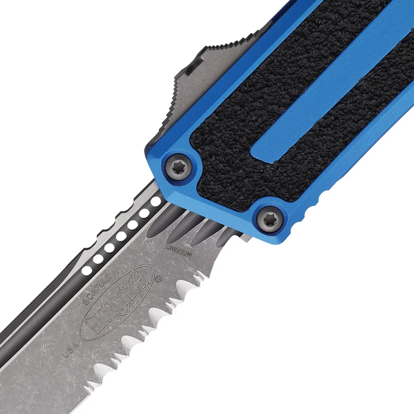 Microtech Scarab II Gen III T/E OTF Automatic Knife Blue Al (3.9" Apoc Serr), Microtech Scarab II Gen III T/E OTF Automatic Knife Blue Al (3.9" Apoc Serr) for Sale, Microtech Scarab II Gen III T/E OTF Automatic Knife Blue Al (3.9" Apoc Serr)