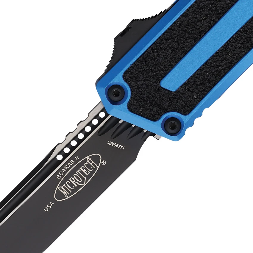Microtech Scarab II Gen III T/E OTF Automatic Knife Blue Al (4" Black), Microtech Scarab II Gen III T/E OTF Automatic Knife Blue Al (4" Black) for Sale, Microtech Scarab II Gen III T/E OTF Automatic Knife Blue Al (4" Black)