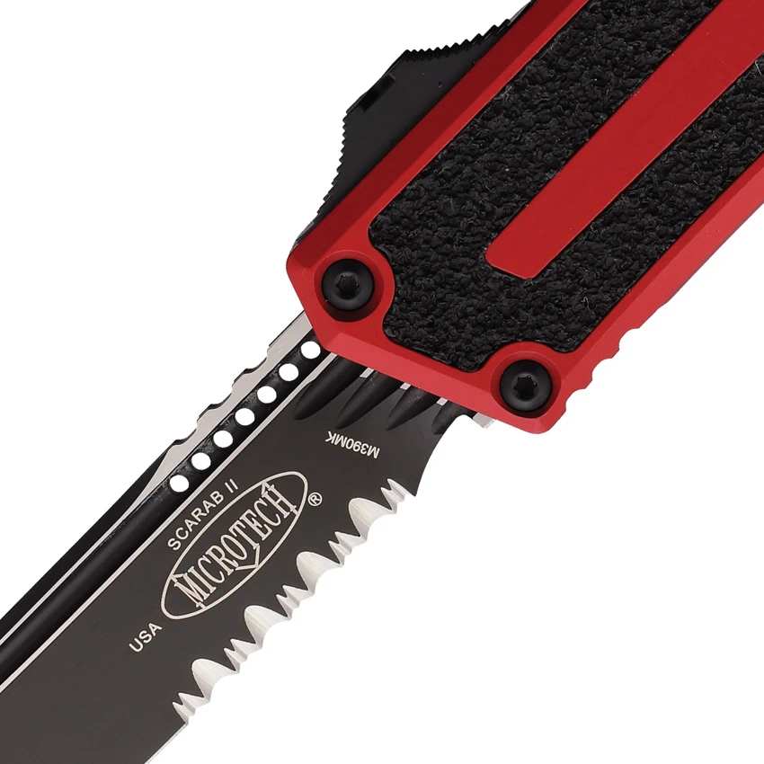 Microtech Scarab II Gen III T/E OTF Automatic Knife Red Al (4" Black Serrated), Microtech Scarab II Gen III T/E OTF Automatic Knife Red Al (4" Black Serrated) for Sale, Microtech Scarab II Gen III T/E OTF Automatic Knife Red Al (4" Black Serrated)