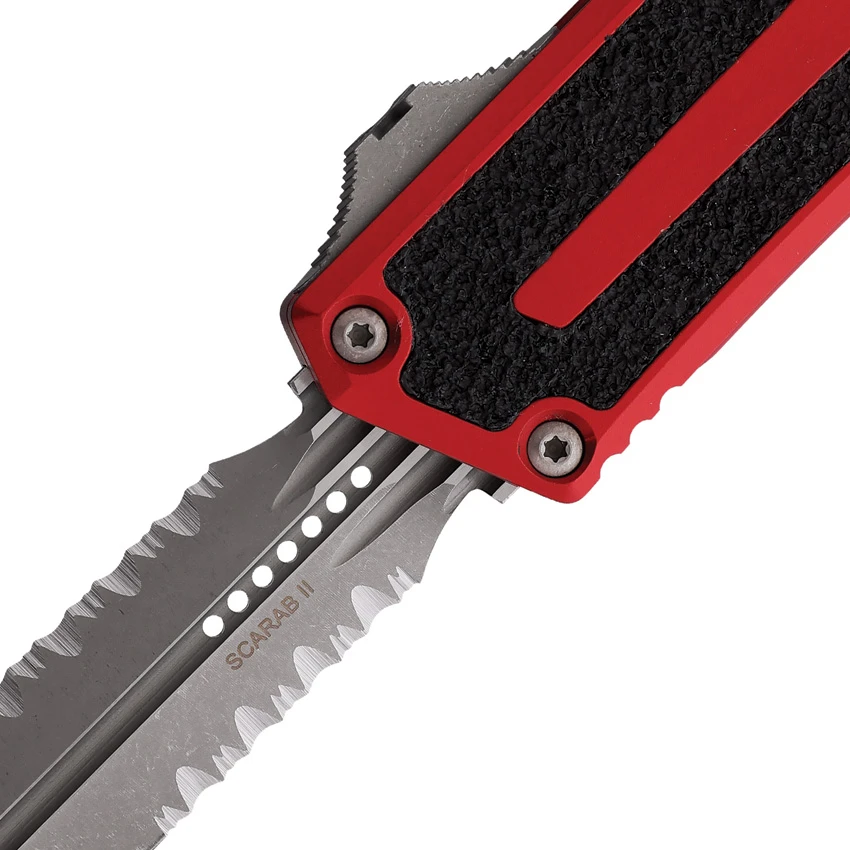 Microtech Scarab II Gen III D/E OTF Knife Red Al (4" Apoc Serr) 1280-11APRD, Microtech Scarab II Gen III D/E OTF Knife Red Al (4" Apoc Serr) 1280-11APRD for Sale, Microtech Scarab II Gen III D/E OTF Knife Red Al (4" Apoc Serr) 1280-11APRD
