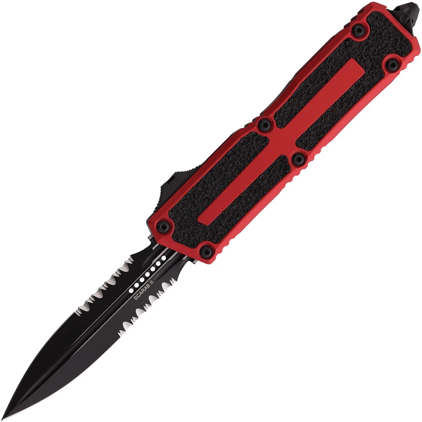 Microtech Scarab II Gen III D/E OTF Automatic Knife Red Aluminum (4" Black Serr), Microtech Scarab II Gen III D/E OTF Automatic Knife Red Aluminum (4" Black Serr) for Sale, Microtech Scarab II Gen III D/E OTF Automatic Knife Red Aluminum (4" Black Serr)