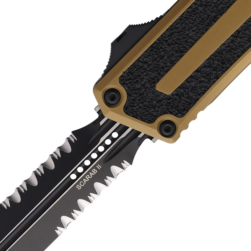Microtech Scarab II Gen III D/E OTF Automatic Knife Tan Aluminum (4" Black Serr), Microtech Scarab II Gen III D/E OTF Automatic Knife Tan Aluminum (4" Black Serr) for Sale, Microtech Scarab II Gen III D/E OTF Automatic Knife Tan Aluminum (4" Black Serr)