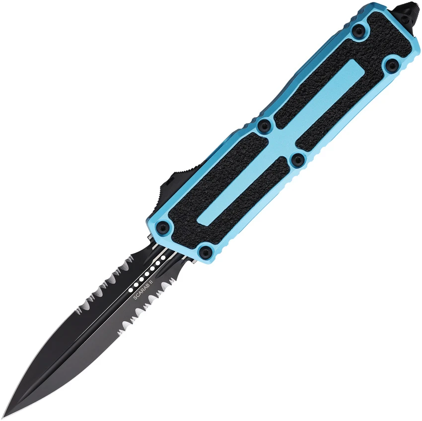 Microtech Scarab II Gen III D/E OTF Knife Turquoise Aluminum (4" Black Serr), Microtech Scarab II Gen III D/E OTF Knife Turquoise Aluminum (4" Black Serr) for Sale, Microtech Scarab II Gen III D/E OTF Knife Turquoise Aluminum (4" Black Serr)