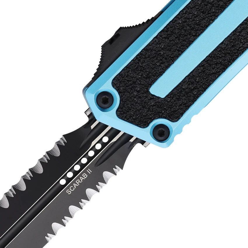 Microtech Scarab II Gen III D/E OTF Knife Turquoise Aluminum (4" Black Serr), Microtech Scarab II Gen III D/E OTF Knife Turquoise Aluminum (4" Black Serr) for Sale, Microtech Scarab II Gen III D/E OTF Knife Turquoise Aluminum (4" Black Serr)