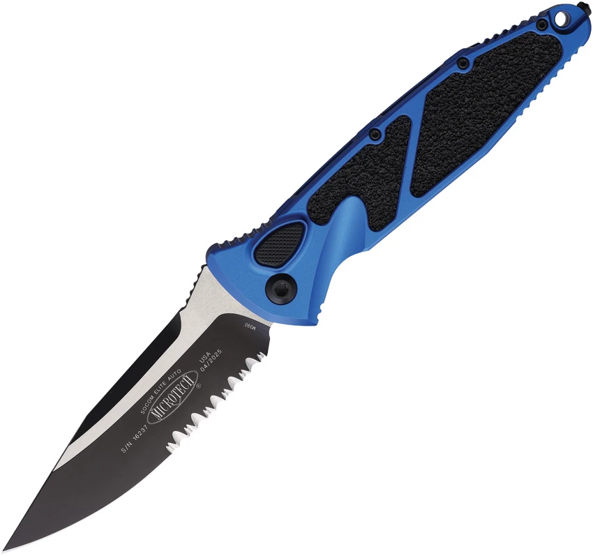 Microtech Socom Elite S/E Automatic Knife Blue Aluminum (4" Black Serr) 160A-2BL, Microtech Socom Elite S/E Automatic Knife Blue Aluminum (4" Black Serr) 160A-2BL for Sale, Microtech Socom Elite S/E Automatic Knife Blue Aluminum (4" Black Serr) 160A-2BL