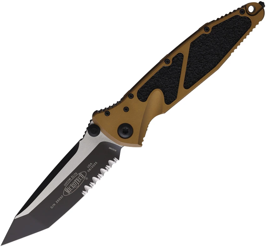 Microtech Socom Elite Tanto Manual Knife Tan (4" Black Serr) 161-2TA, Microtech Socom Elite Tanto Manual Knife Tan (4" Black Serr) 161-2TA for Sale, Microtech Socom Elite Tanto Manual Knife Tan (4" Black Serr) 161-2TA