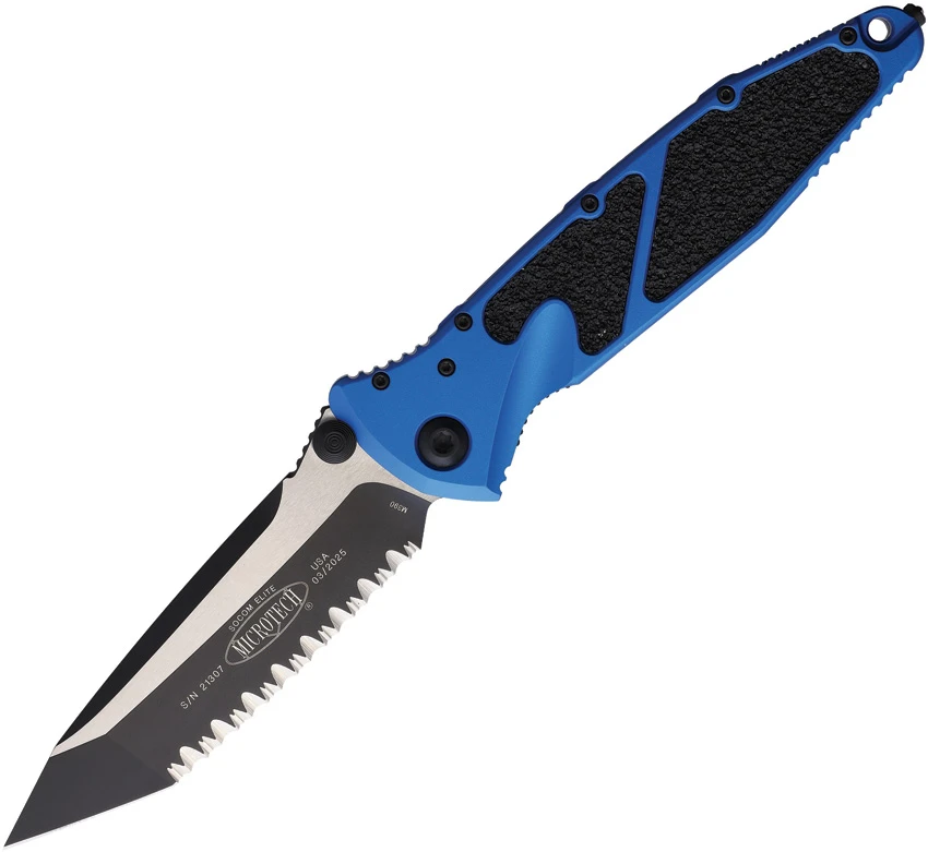 Microtech Socom Elite T/E Manual Knife Blue Aluminum (4" Black Full Serr), Microtech Socom Elite T/E Manual Knife Blue Aluminum (4" Black Full Serr) for Sale, Microtech Socom Elite T/E Manual Knife Blue Aluminum (4" Black Full Serr)