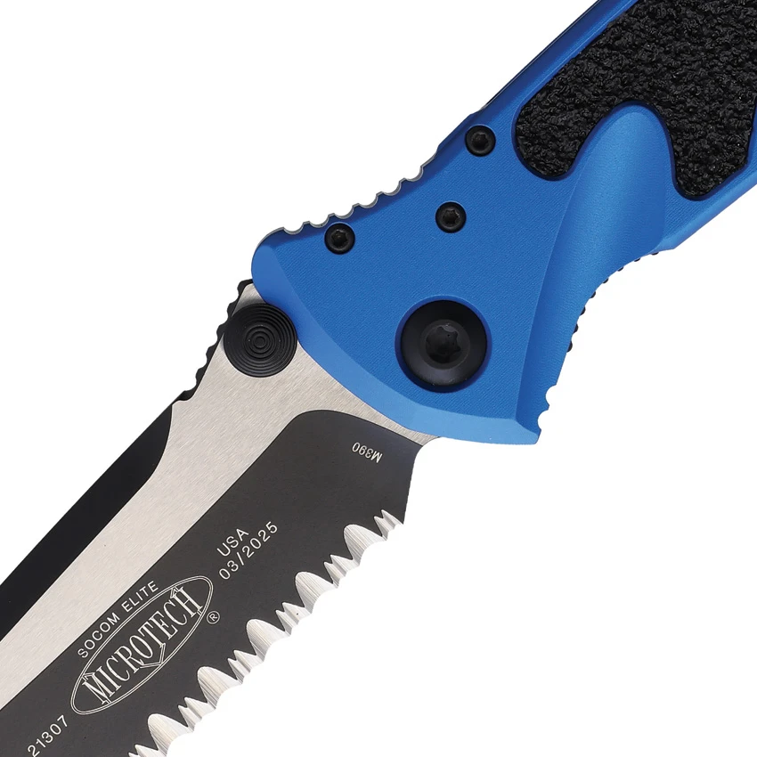 Microtech Socom Elite T/E Manual Knife Blue Aluminum (4" Black Full Serr), Microtech Socom Elite T/E Manual Knife Blue Aluminum (4" Black Full Serr) for Sale, Microtech Socom Elite T/E Manual Knife Blue Aluminum (4" Black Full Serr)