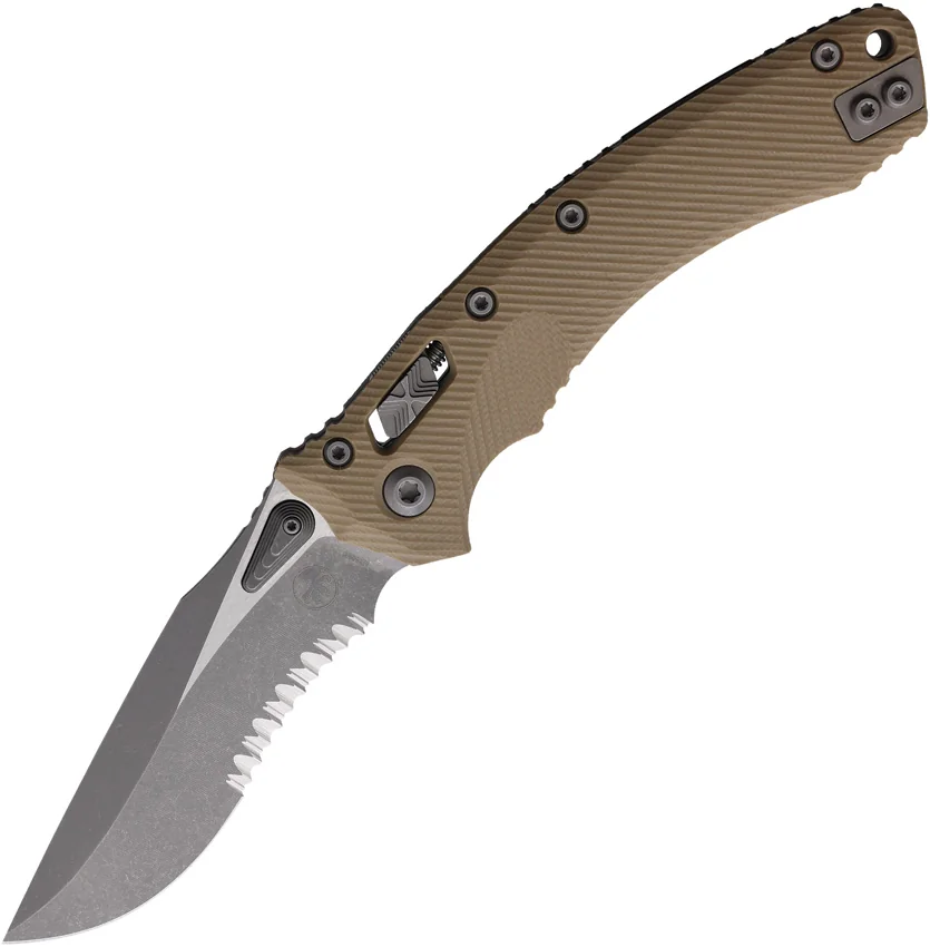 Microtech Amphibian Ram-Lok Manual Knife Fluted Tan G-10 (3.9" Apoc Serr)