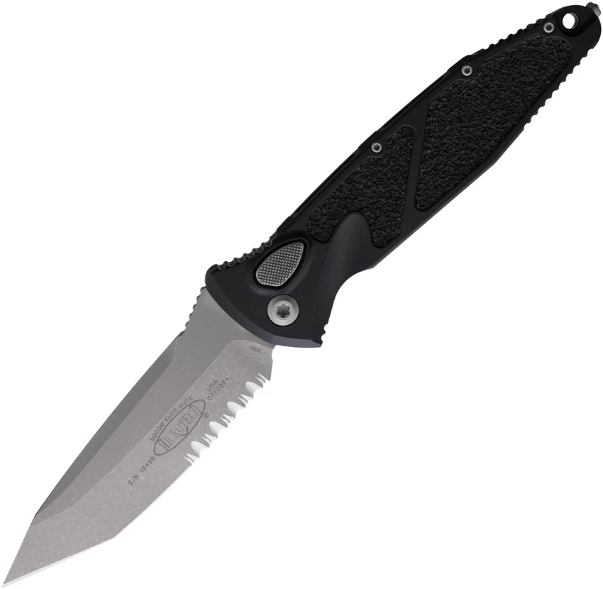 Microtech Socom Elite T/E Automatic Knife Black Aluminum (4" Apocalyptic Serr), Microtech Socom Elite T/E Automatic Knife Black Aluminum (4" Apocalyptic Serr) for Sale, Microtech Socom Elite T/E Automatic Knife Black Aluminum (4" Apocalyptic Serr)