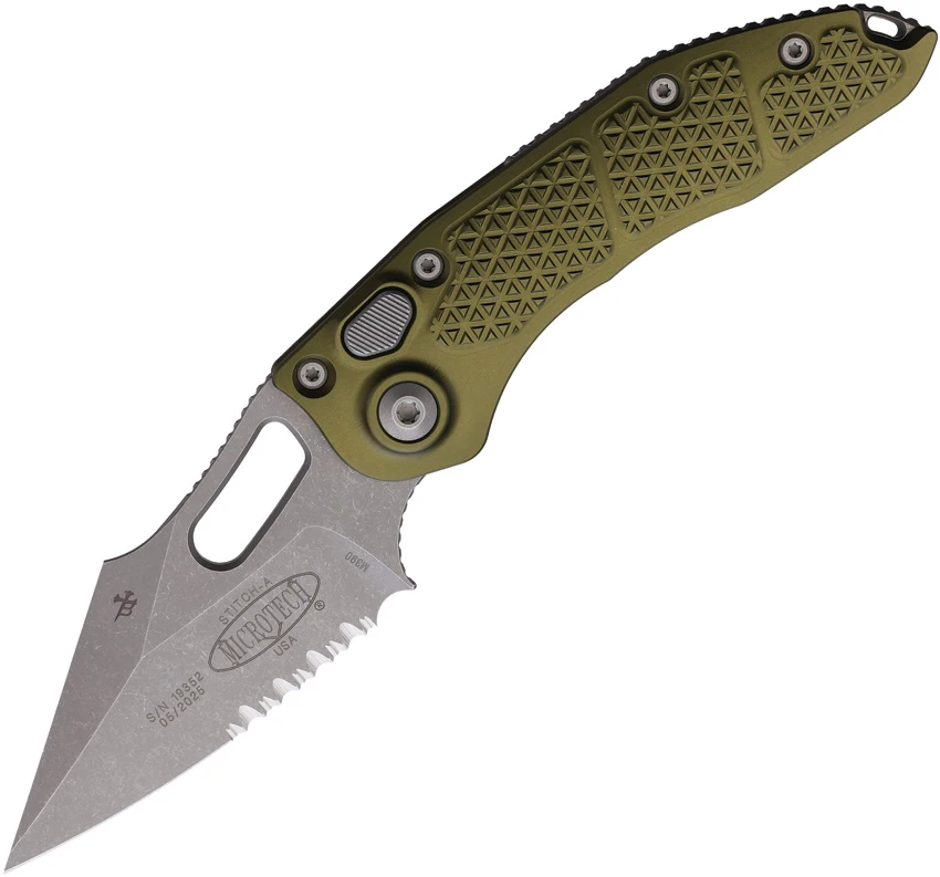 Microtech Stitch Automatic Knife OD Green Aluminum (3.75" Apocalyptic Serr), Microtech Stitch Automatic Knife OD Green Aluminum (3.75" Apocalyptic Serr) for Sale, Microtech Stitch Automatic Knife OD Green Aluminum (3.75" Apocalyptic Serr)